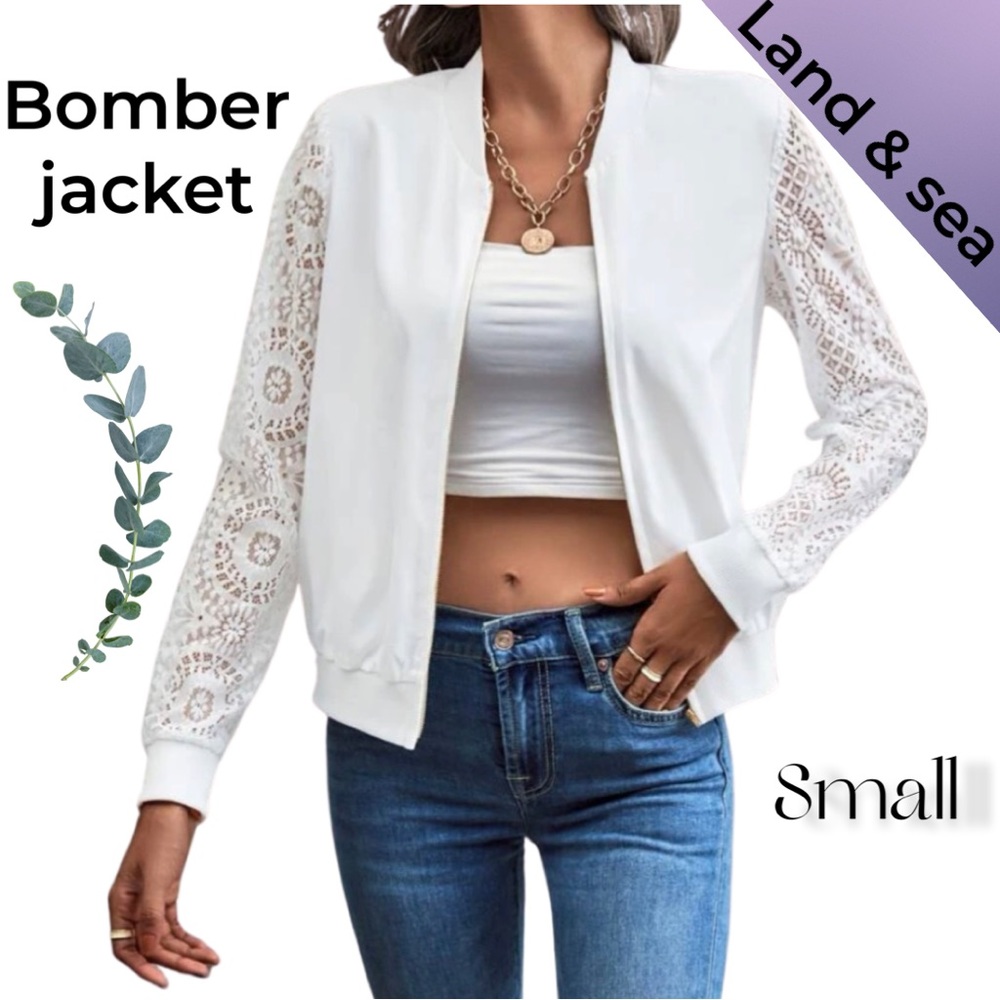 New Women’s Land & sea Contrast Lace Zip Up Bomber Jacket white MSRP$45.99